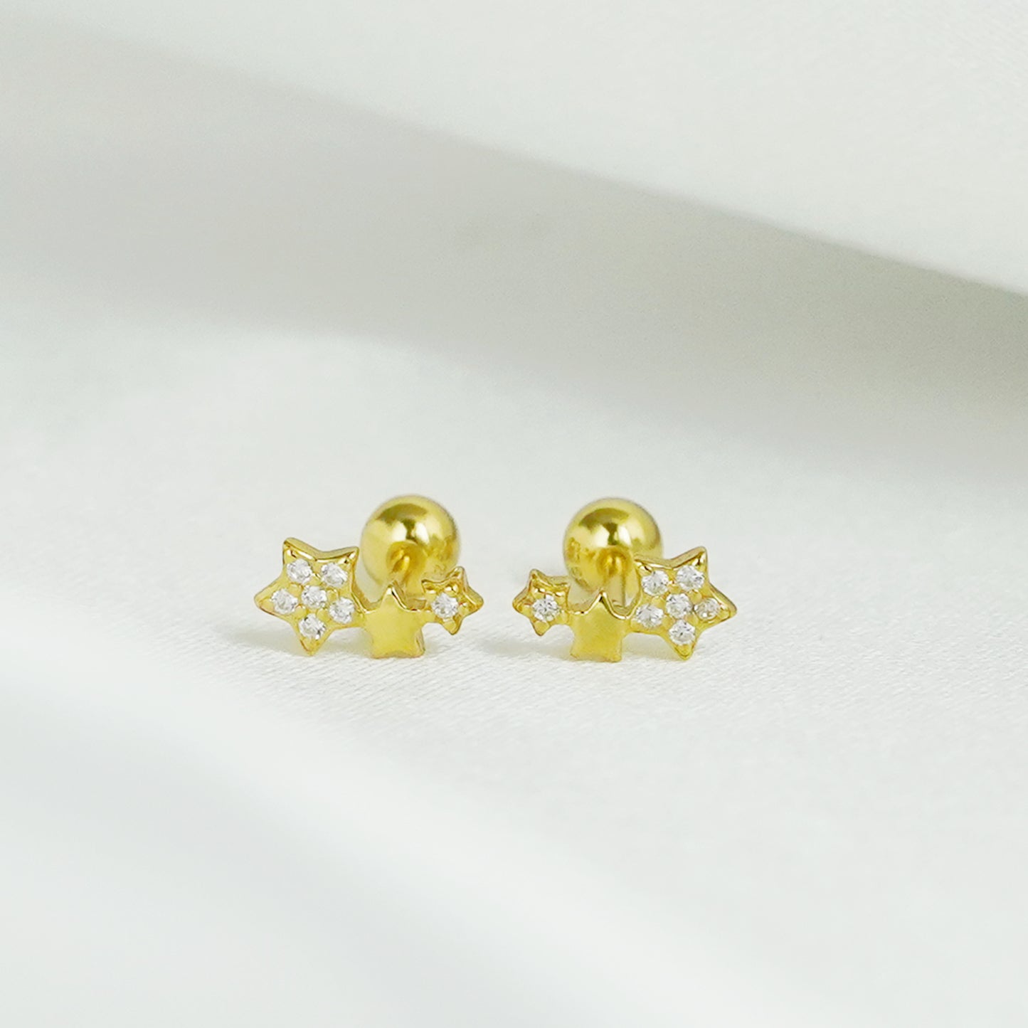 18K Gold on Sterling Silver Triple CZ Star Bead Ball Screw Back Stud Earrings - sugarkittenlondon