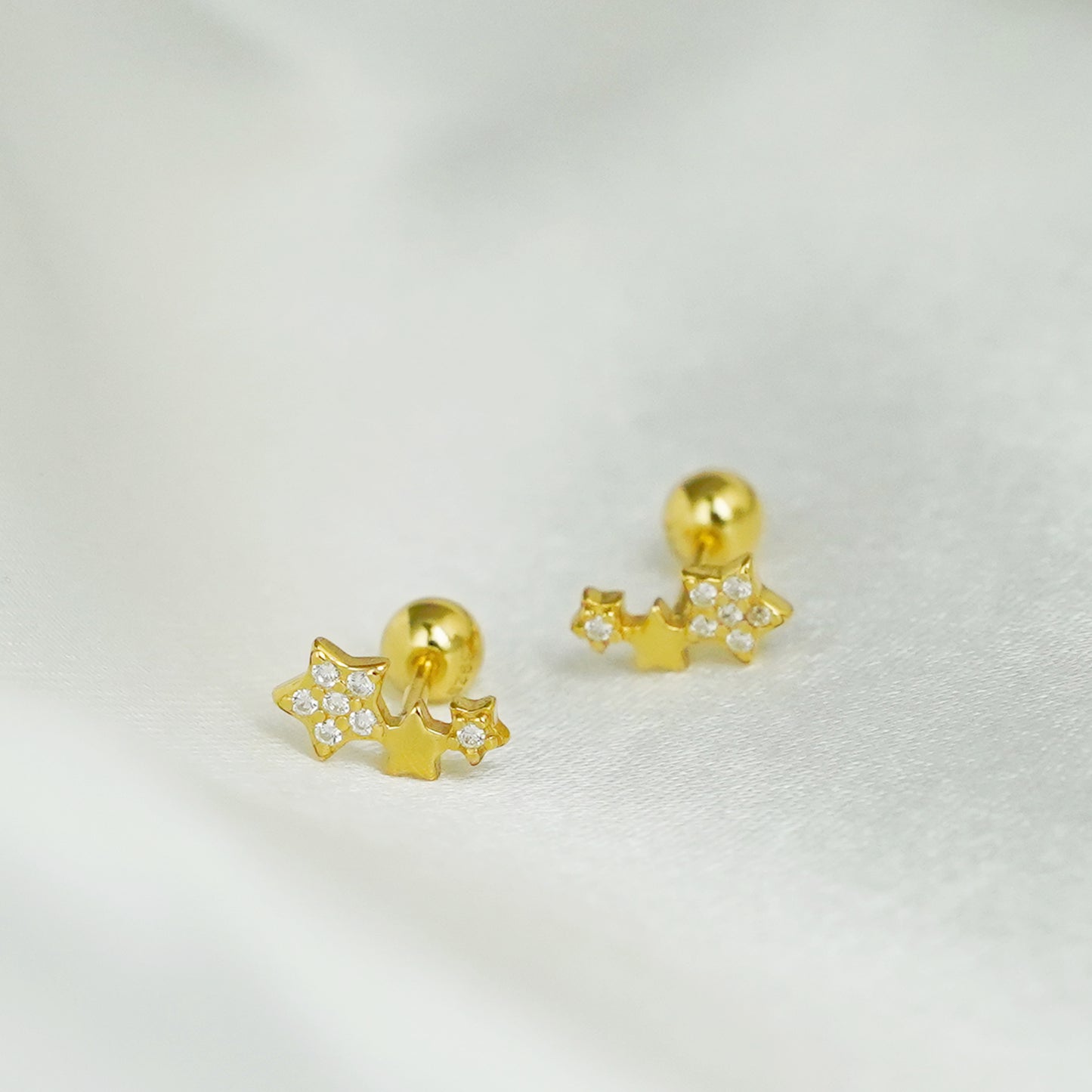 18K Gold on Sterling Silver Triple CZ Star Bead Ball Screw Back Stud Earrings - sugarkittenlondon