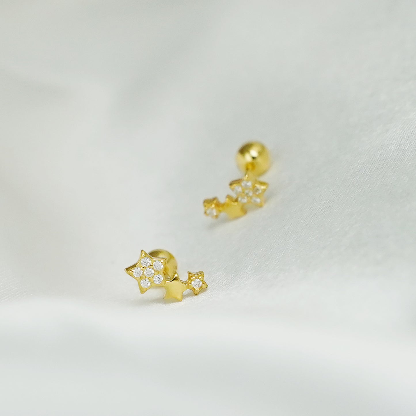 18K Gold on Sterling Silver Triple CZ Star Bead Ball Screw Back Stud Earrings - sugarkittenlondon