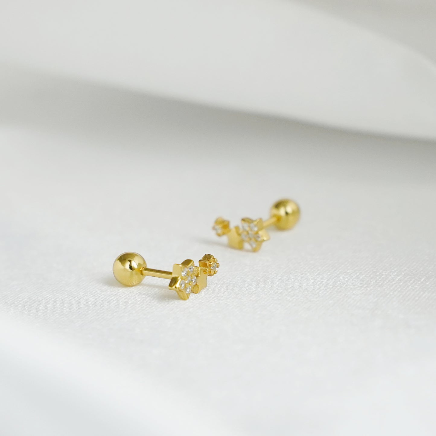 18K Gold on Sterling Silver Triple CZ Star Bead Ball Screw Back Stud Earrings - sugarkittenlondon