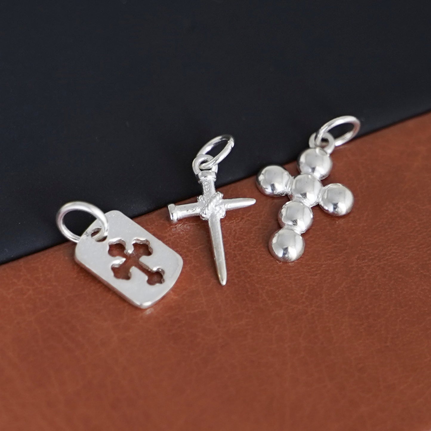 Sterling Silver Small Hollow Floral Cross Dog Tag Charm Pendant - sugarkittenlondon
