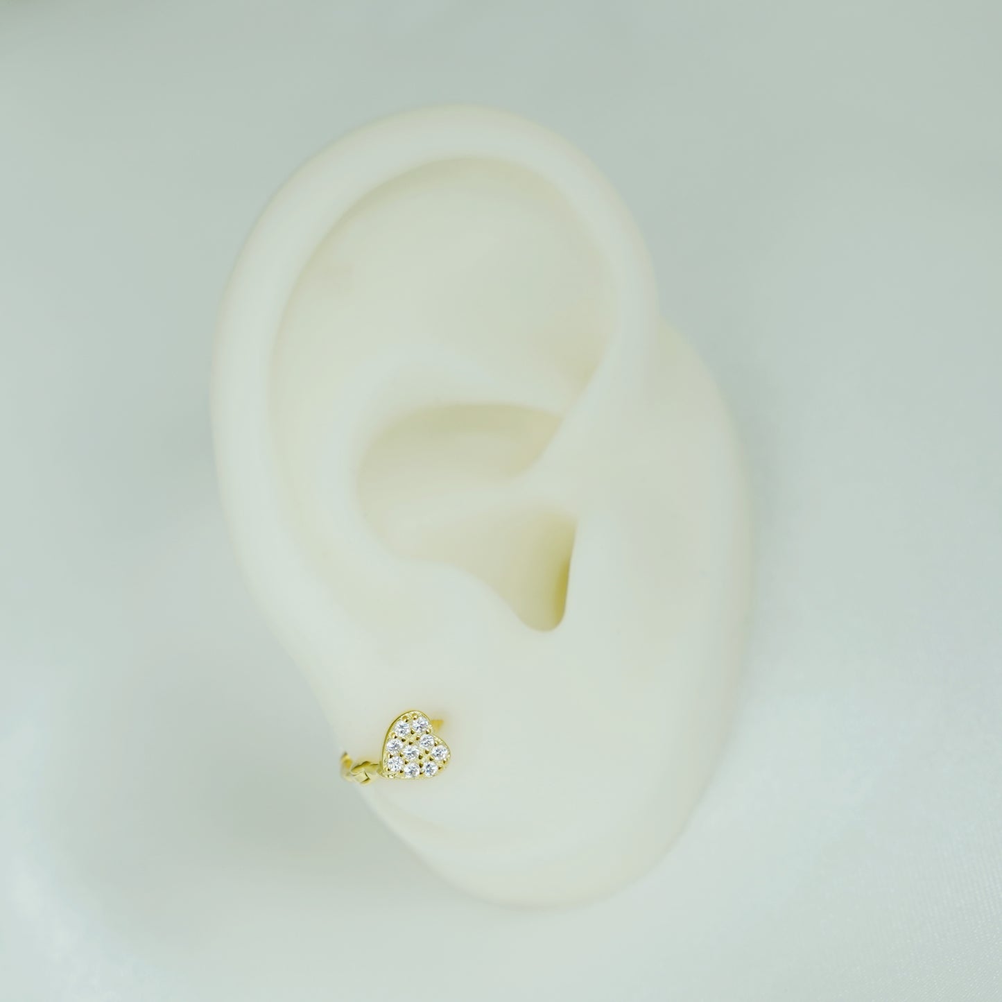 18K Gold on Sterling Silver Love Heart 6mm Hoop Paved CZ Huggie Cuff Earrings - sugarkittenlondon