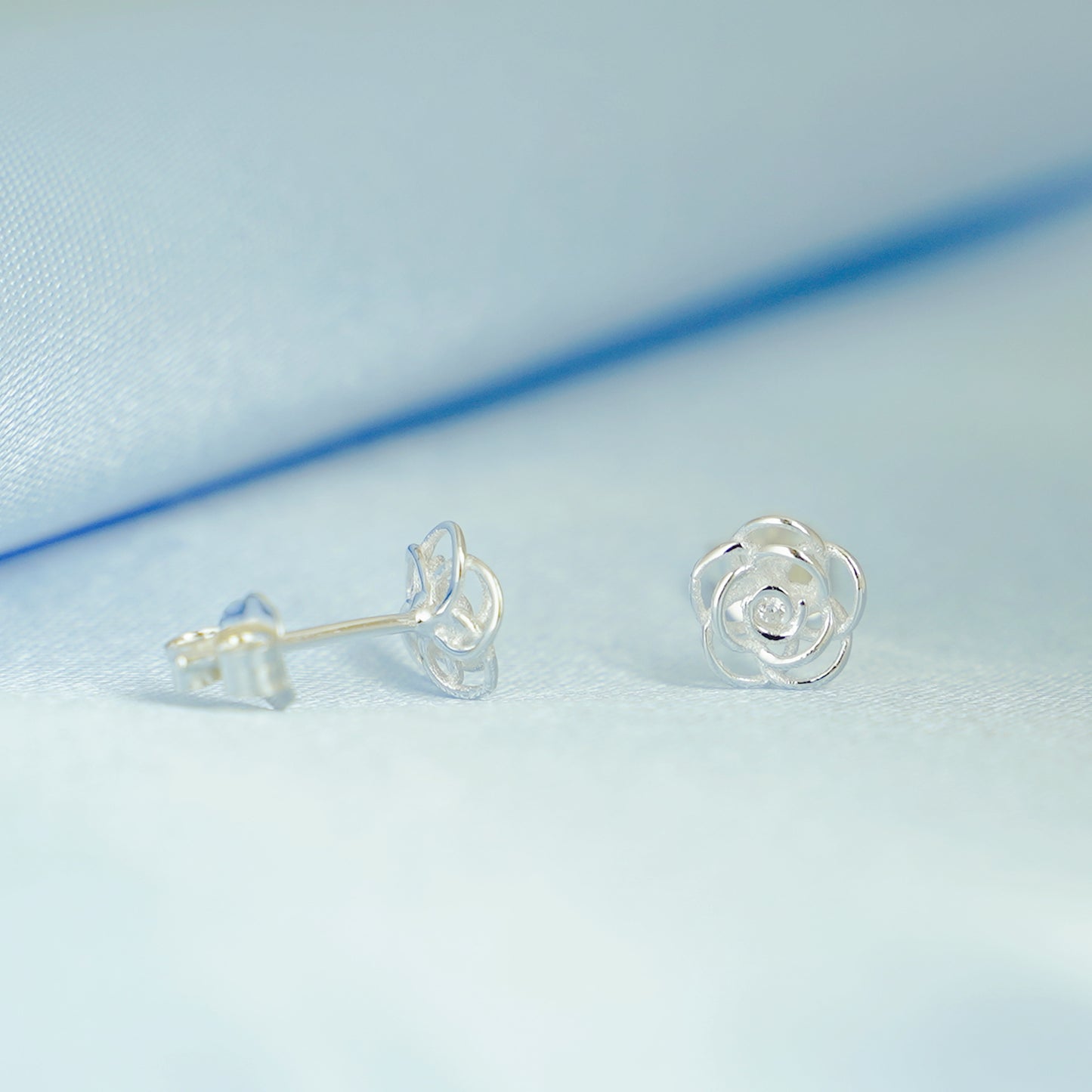 Sterling Silver CZ 7mm Rose Flower 3D Hollow Stud Earrings Jewellery Boxed - sugarkittenlondon