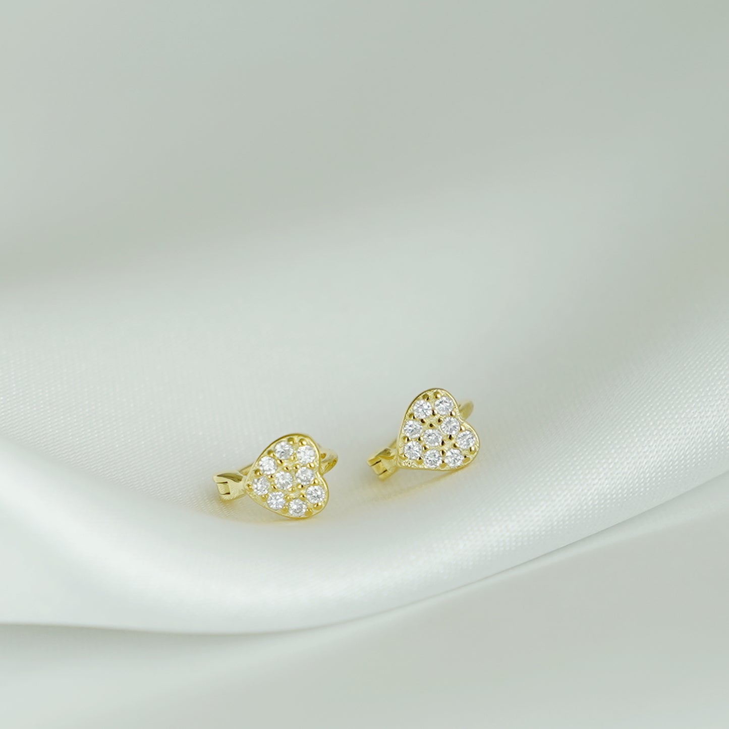 18K Gold on Sterling Silver Love Heart 6mm Hoop Paved CZ Huggie Cuff Earrings - sugarkittenlondon