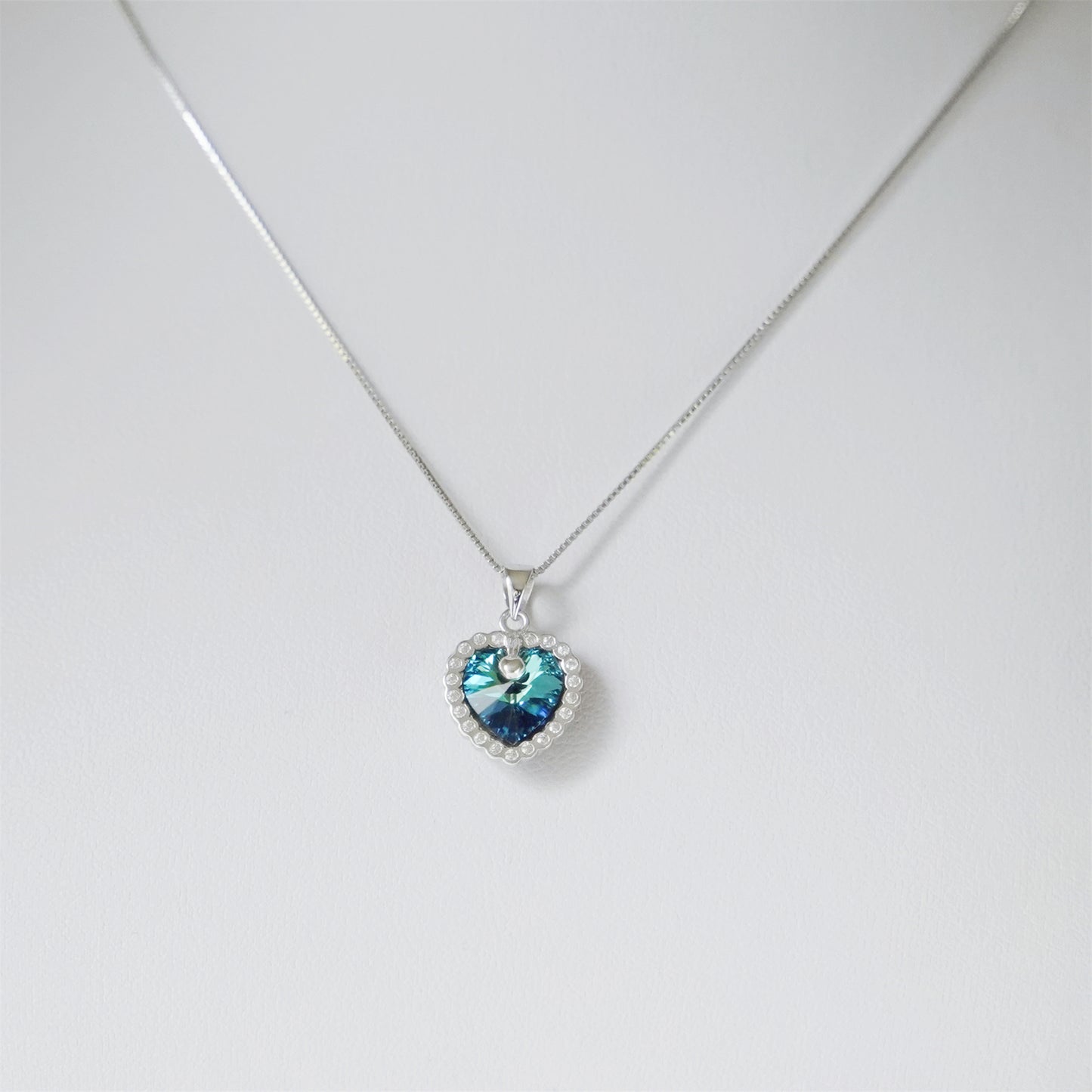 Sterling Silver Light Blue CZ Bezel Solitaire Heart Pendant Necklace Gift Boxed - sugarkittenlondon