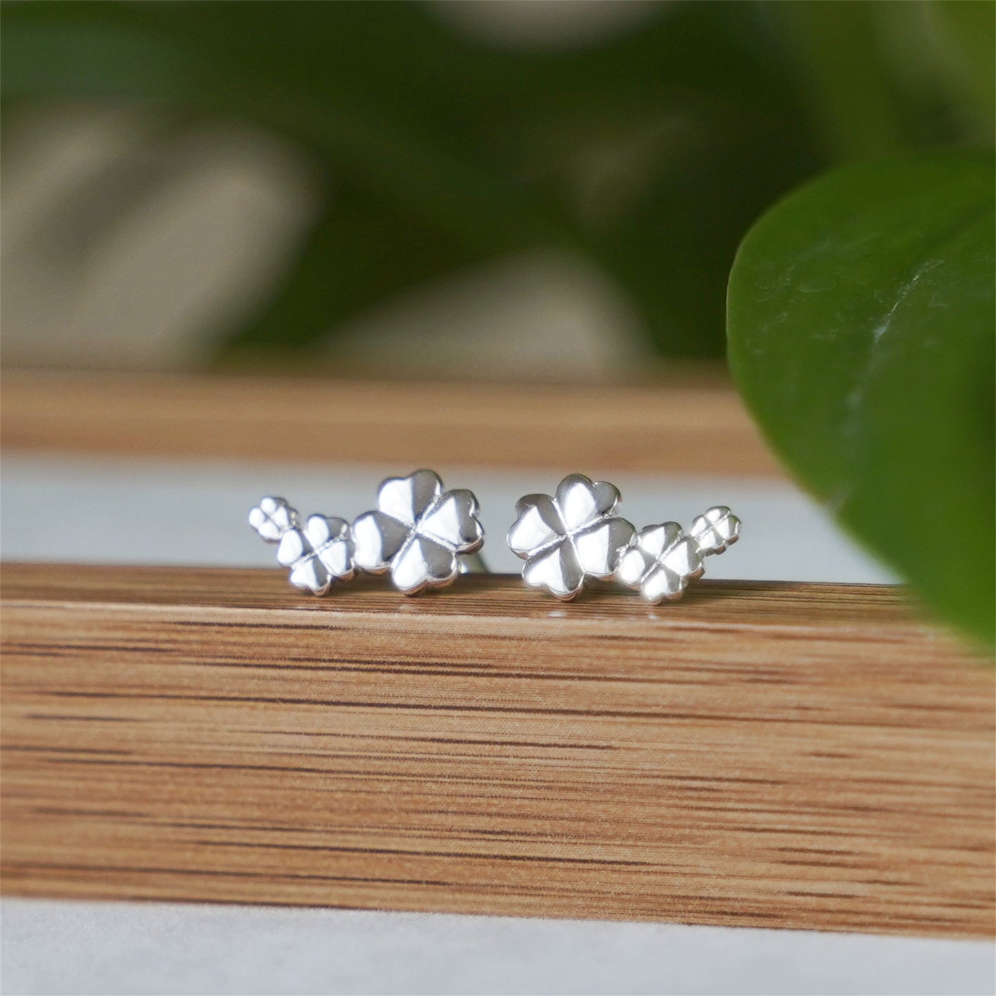 Sterling Silver Triple Glossy Clover Shamrock Flowers Climber Stud Earrings - sugarkittenlondon