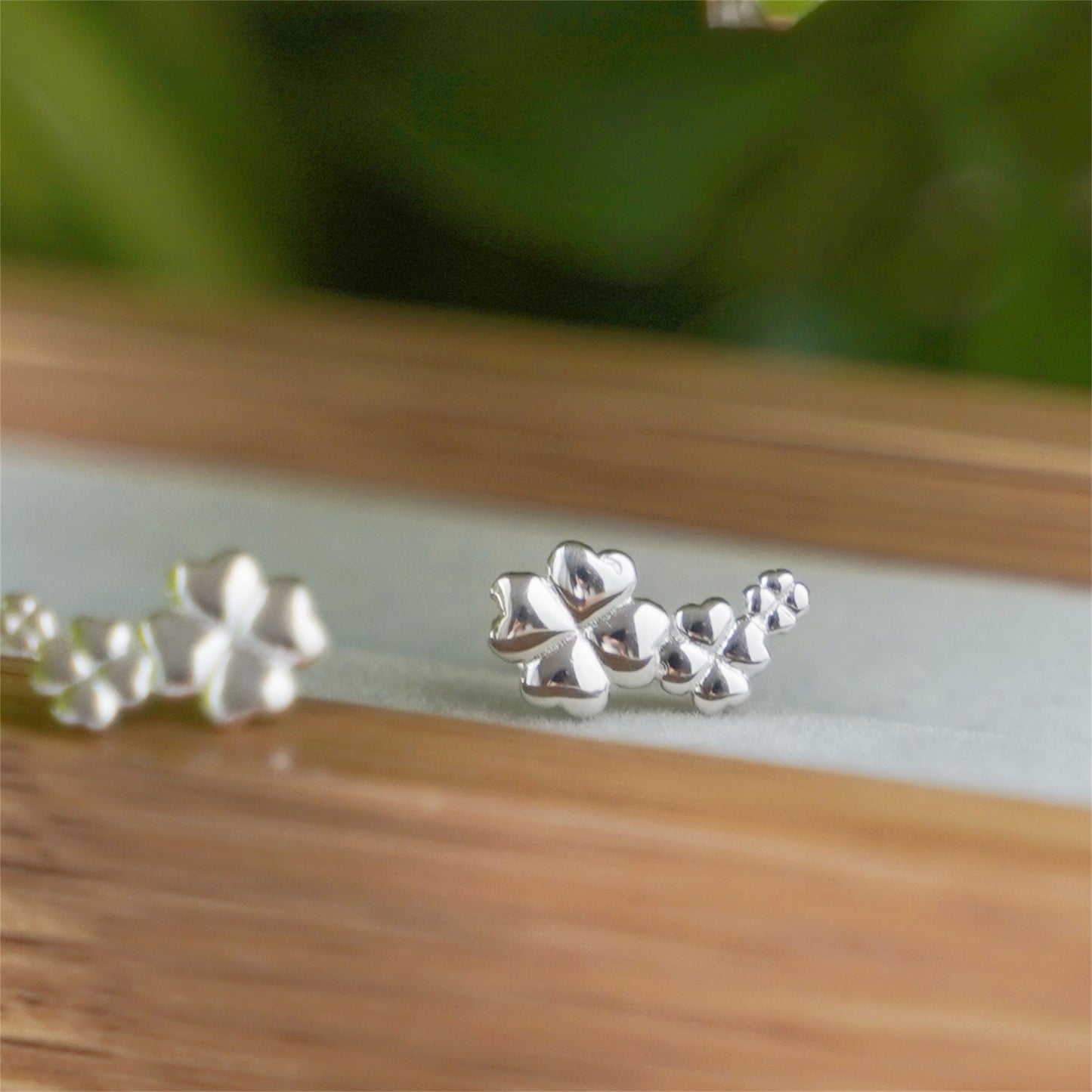 Sterling Silver Triple Glossy Clover Shamrock Flowers Climber Stud Earrings - sugarkittenlondon