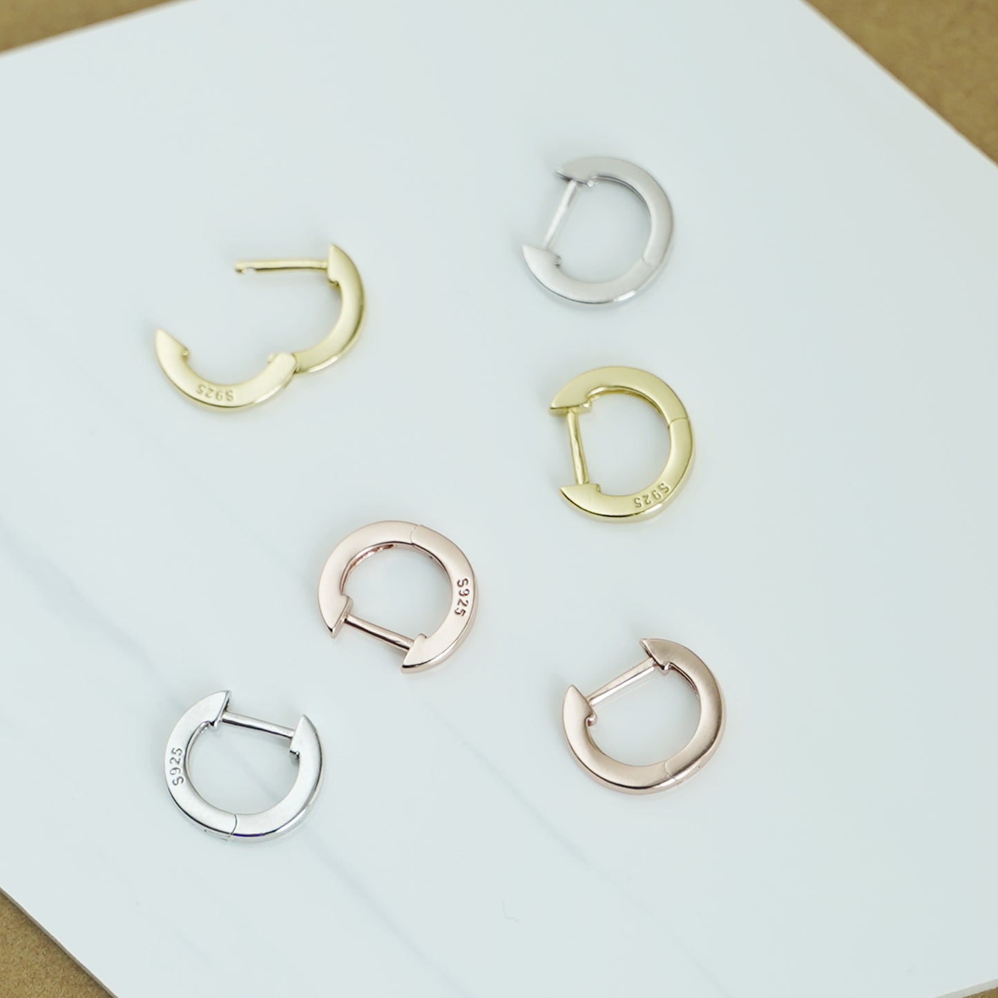 Sterling Silver Small Plain Latch Back U Hoop Huggie Hinged Earrings 3 Tones - sugarkittenlondon