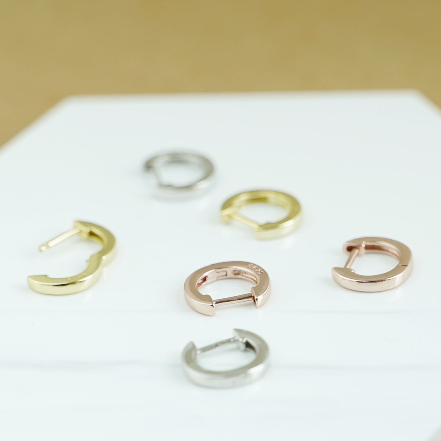 Sterling Silver Small Plain Latch Back U Hoop Huggie Hinged Earrings 3 Tones - sugarkittenlondon