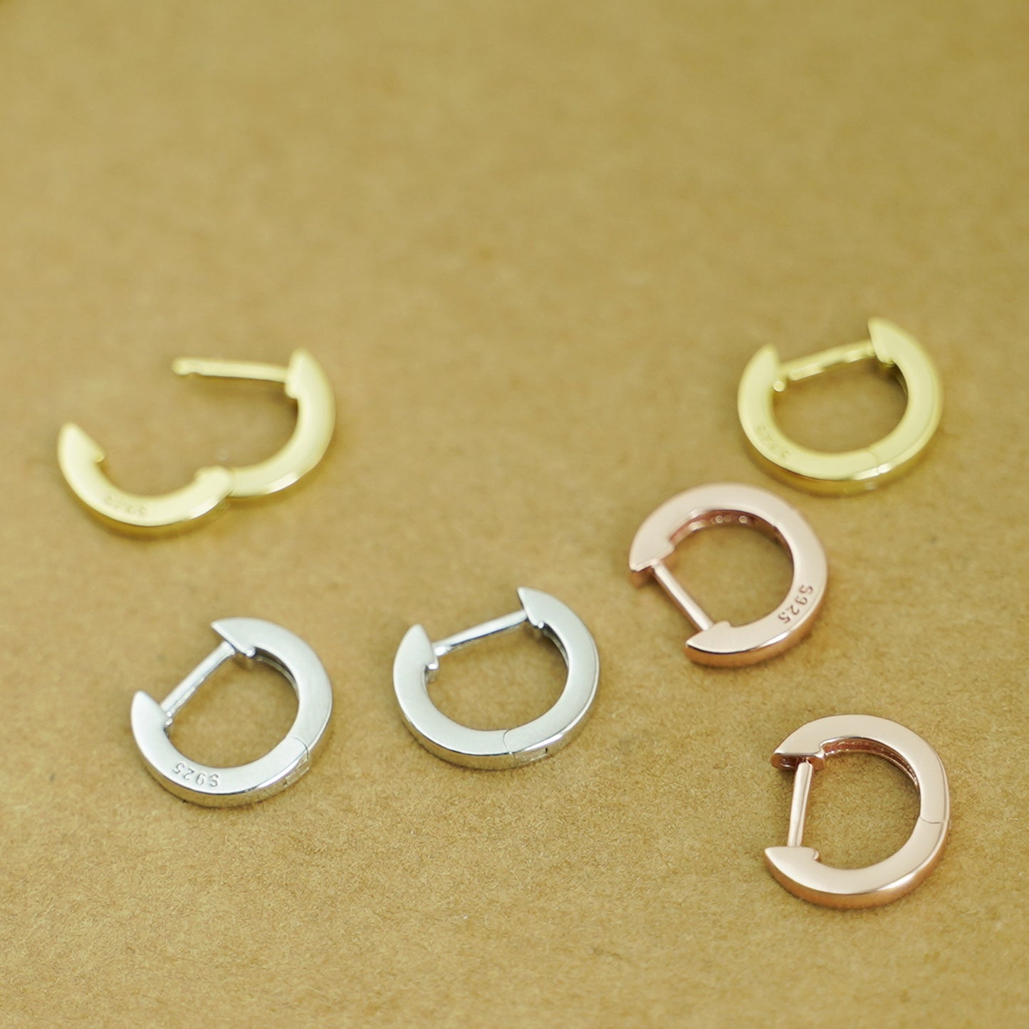 Sterling Silver Small Plain Latch Back U Hoop Huggie Hinged Earrings 3 Tones - sugarkittenlondon