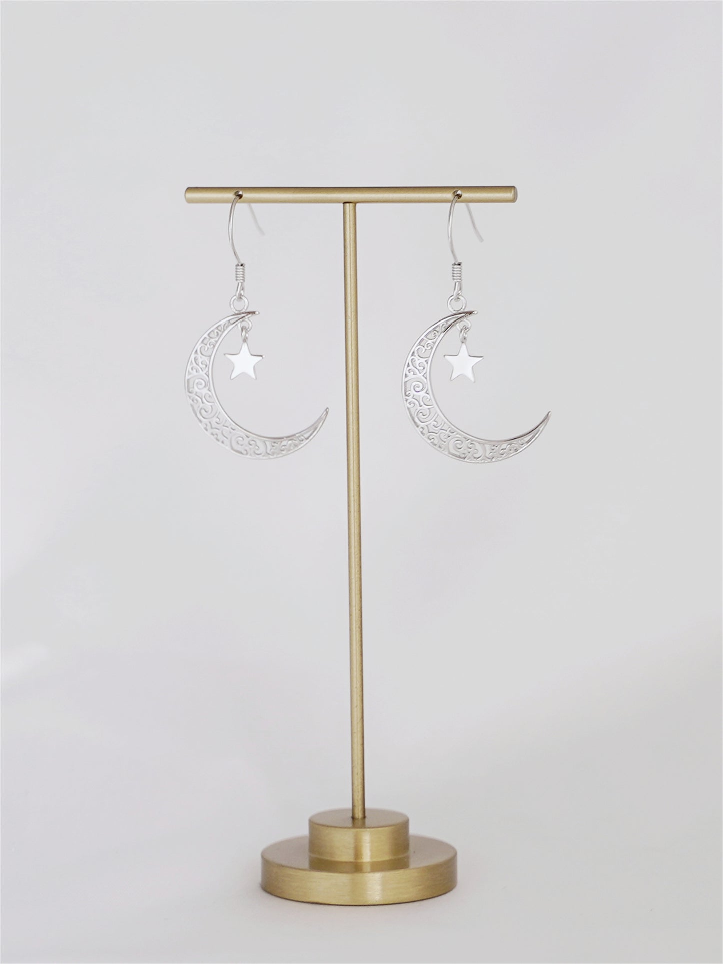 Sterling Silver Filigree Crescent Moon Star Dangle Drop Earrings Boxed - sugarkittenlondon