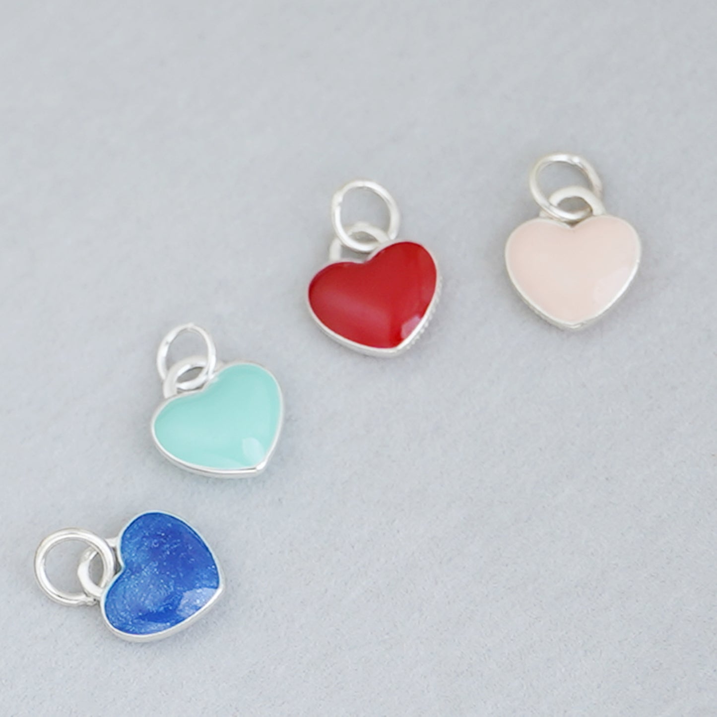 Sterling Silver Blue Red Pink Turquoise Double-Sided Glazed Puffy Heart Pendant - sugarkittenlondon