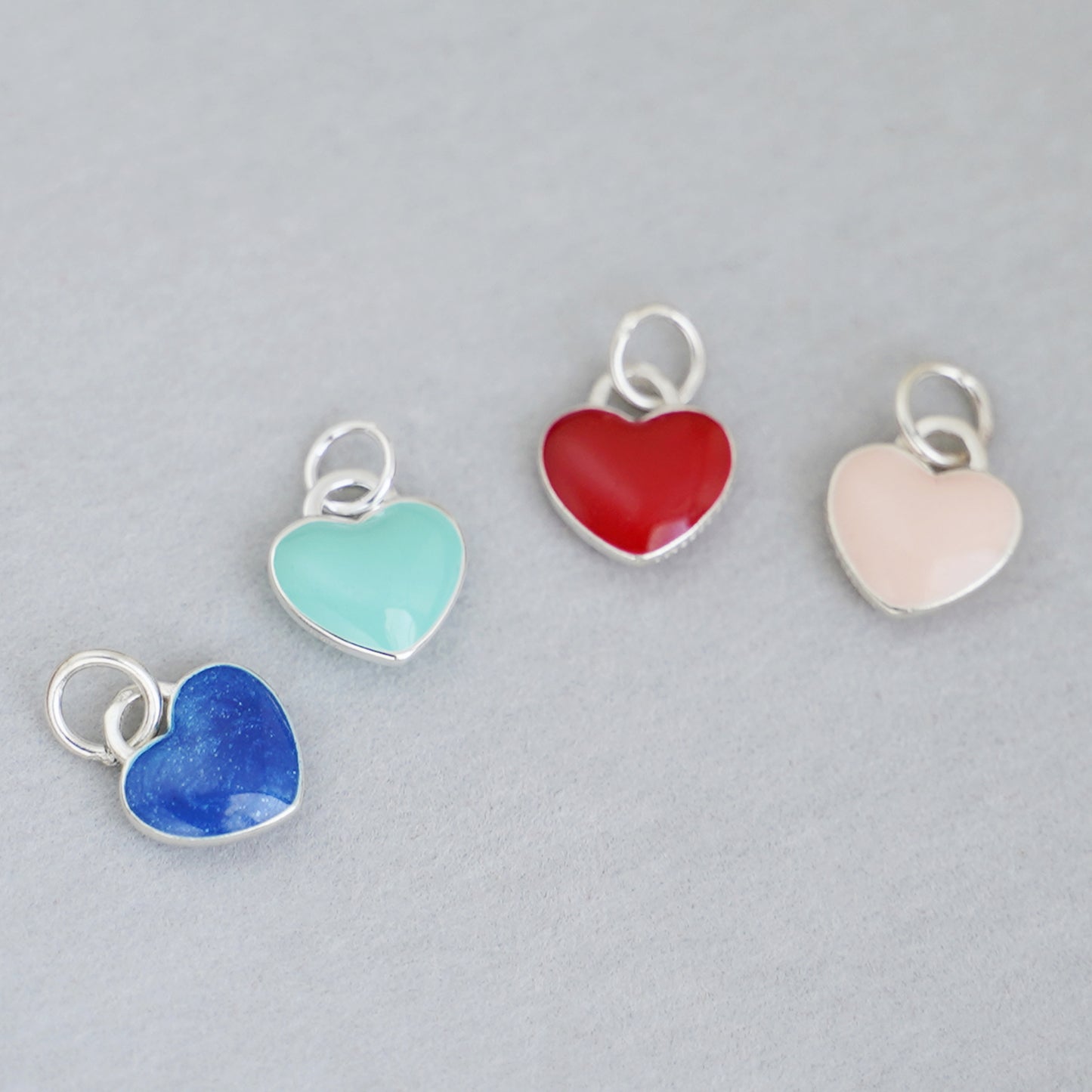 Sterling Silver Blue Red Pink Turquoise Double-Sided Glazed Puffy Heart Pendant - sugarkittenlondon
