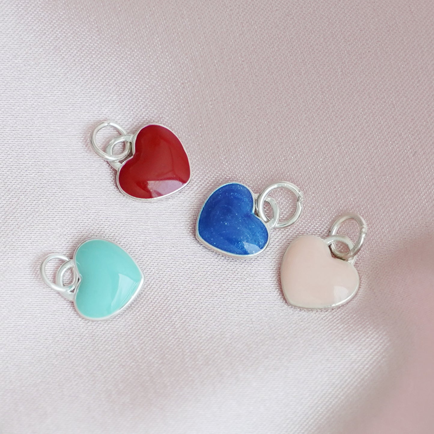 Sterling Silver Blue Red Pink Turquoise Double-Sided Glazed Puffy Heart Pendant - sugarkittenlondon