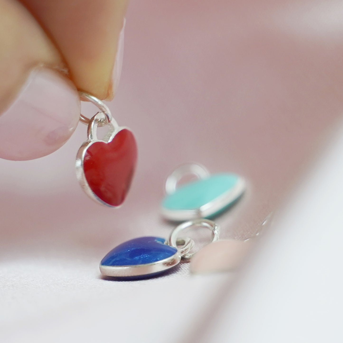 Sterling Silver Blue Red Pink Turquoise Double-Sided Glazed Puffy Heart Pendant - sugarkittenlondon