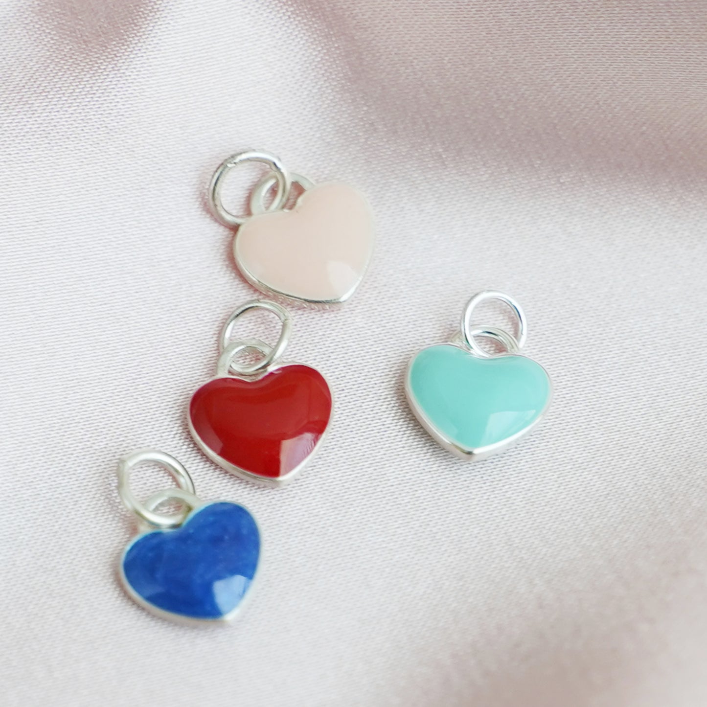 Sterling Silver Blue Red Pink Turquoise Double-Sided Glazed Puffy Heart Pendant - sugarkittenlondon