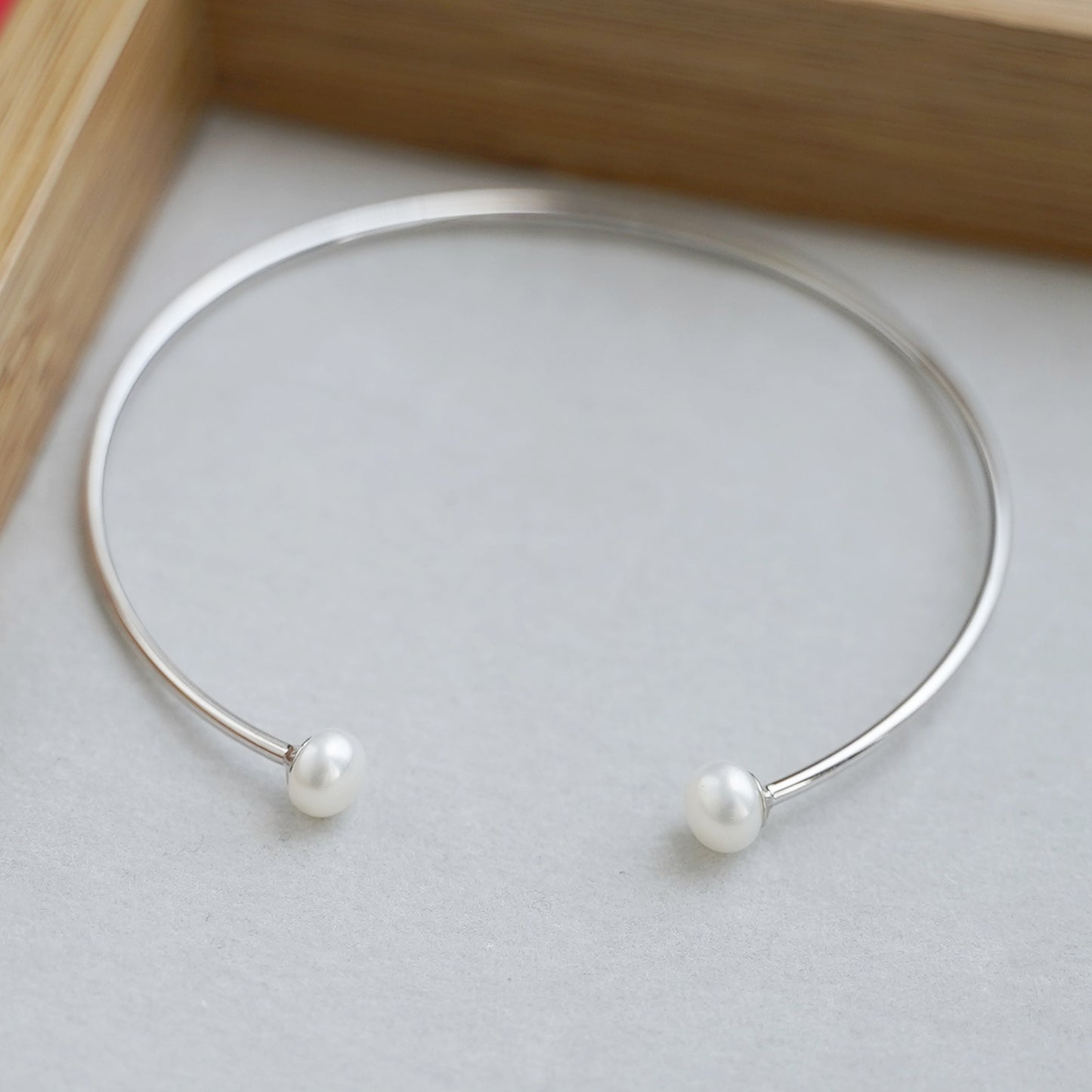 Sterling Silver 6mm Button Natural Freshwater Pearl Solid Wire Bangle 55 by 63mm - sugarkittenlondon