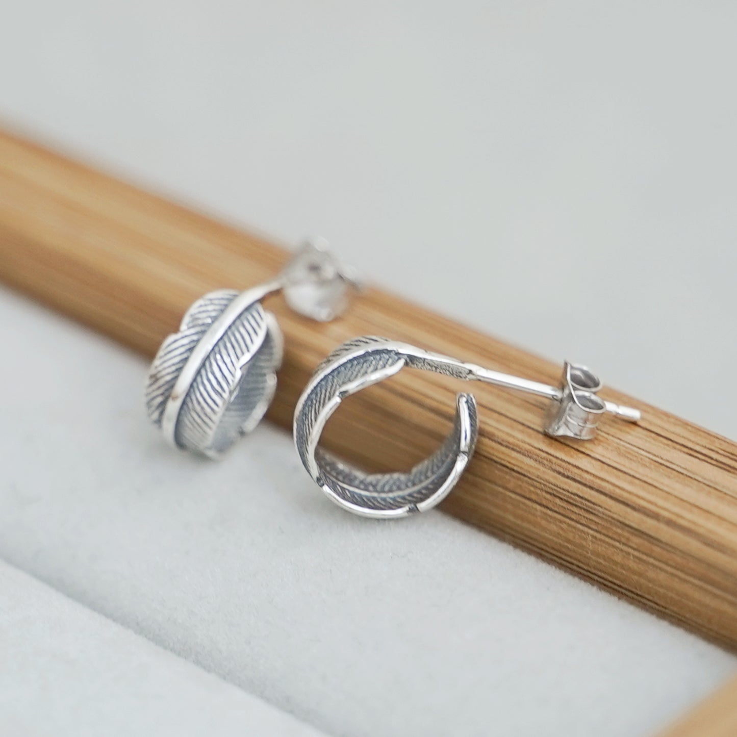 Sterling Silver Oxidized Retro Angel Wing Feather Drop Half Hoop Stud Earrings - sugarkittenlondon