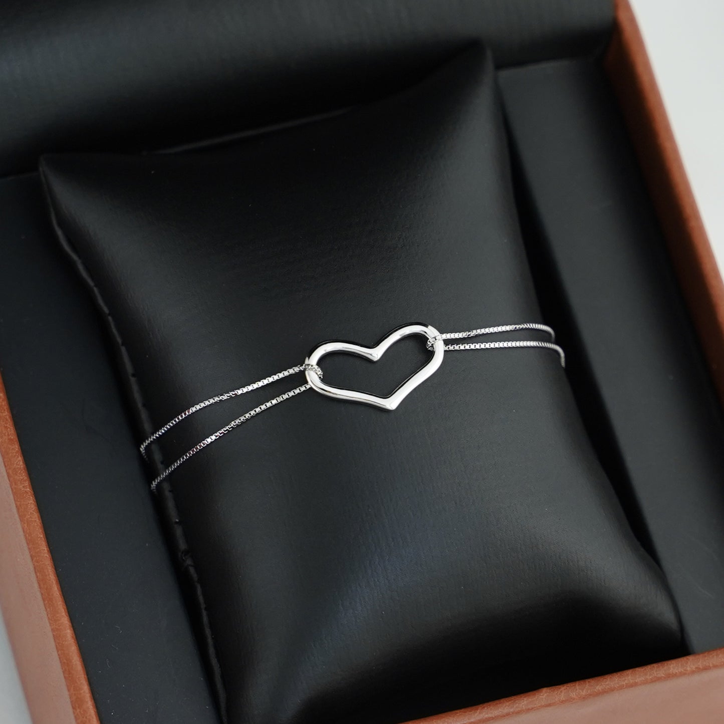 Rhodium on Sterling Silver Floating Love Heart Bracelet with Double Box Chain - sugarkittenlondon