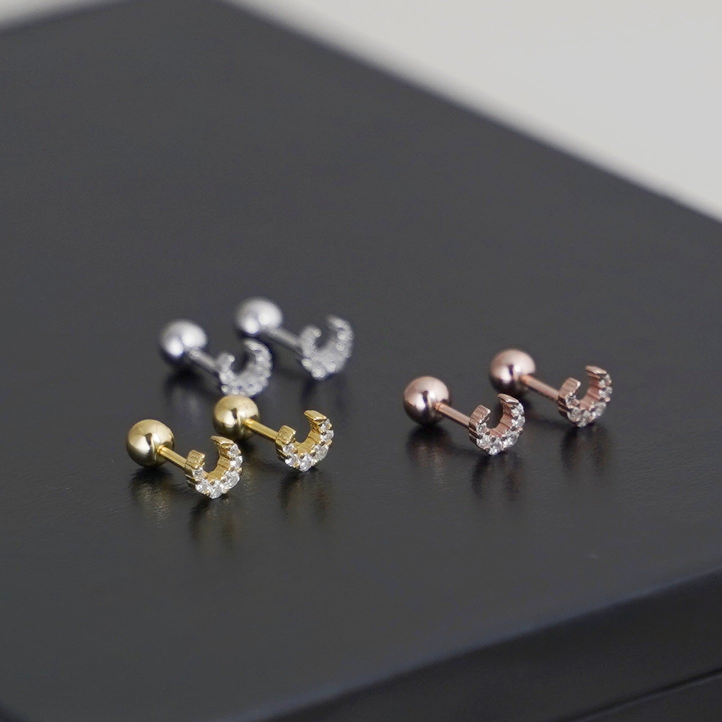 Sterling Silver Mini CZ Crescent Moon Barbell Bead Ball Screw Back Stud Earrings - sugarkittenlondon