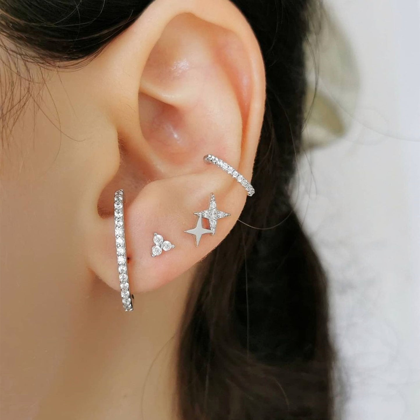 Sterling Silver Paved CZ Eternity Suspender Bar Line Cuff Stud Earring - sugarkittenlondon