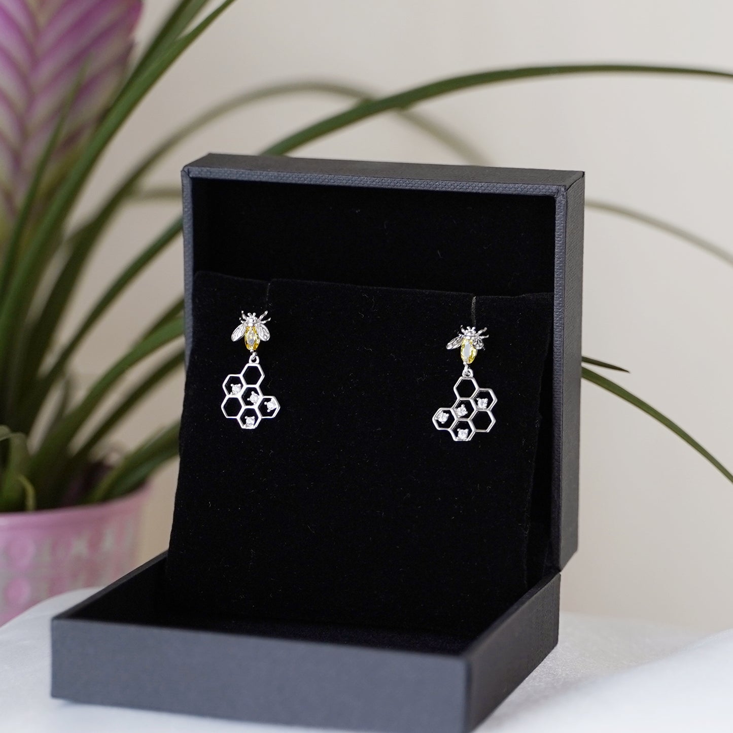 Sterling Silver Yellow CZ Honey Bee Beehive Insect Drop Dangle Earring - sugarkittenlondon
