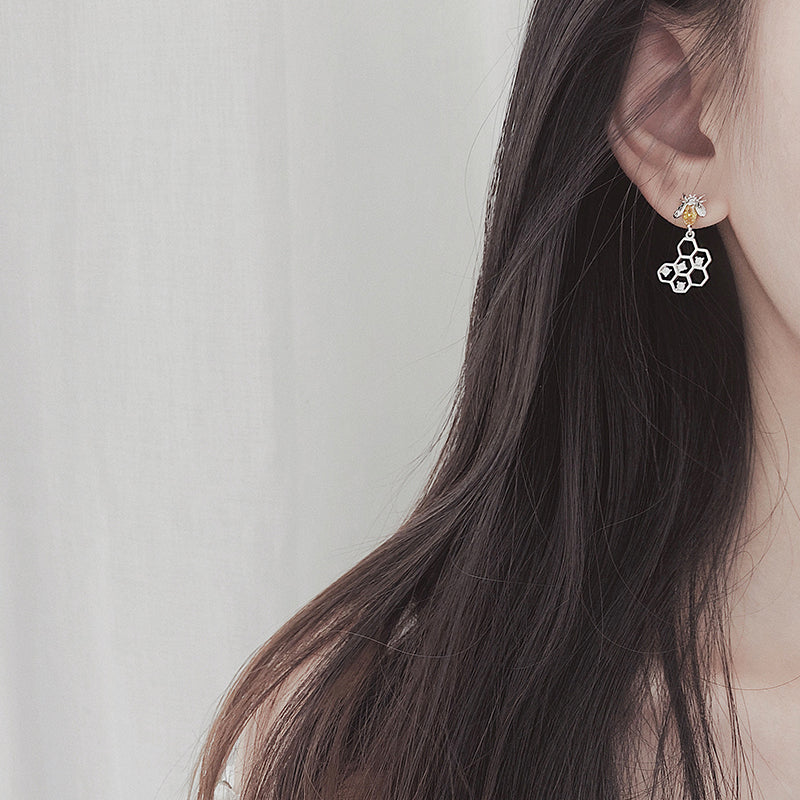 Sterling Silver Yellow CZ Honey Bee Beehive Insect Drop Dangle Earring - sugarkittenlondon