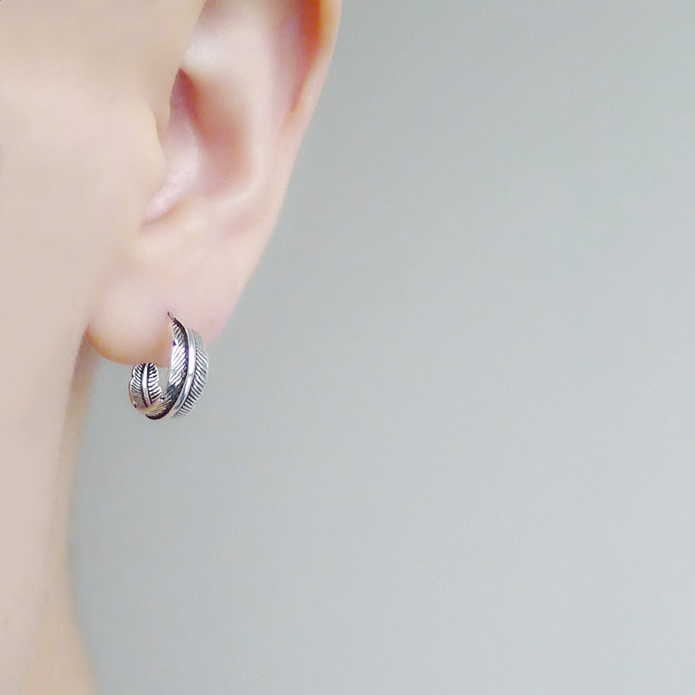 Sterling Silver Oxidized Retro Angel Wing Feather Drop Half Hoop Stud Earrings - sugarkittenlondon