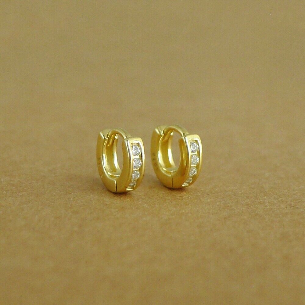18K Gold on Sterling Silver 5mm Hoop Huggie Channel CZ Cuff Eternity Earrings G1 - sugarkittenlondon