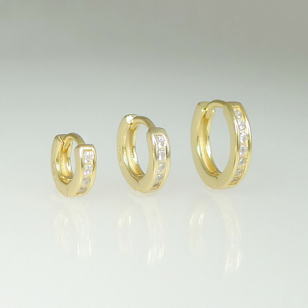 18K Gold on Sterling Silver 5mm Hoop Huggie Channel CZ Cuff Eternity Earrings G1 - sugarkittenlondon