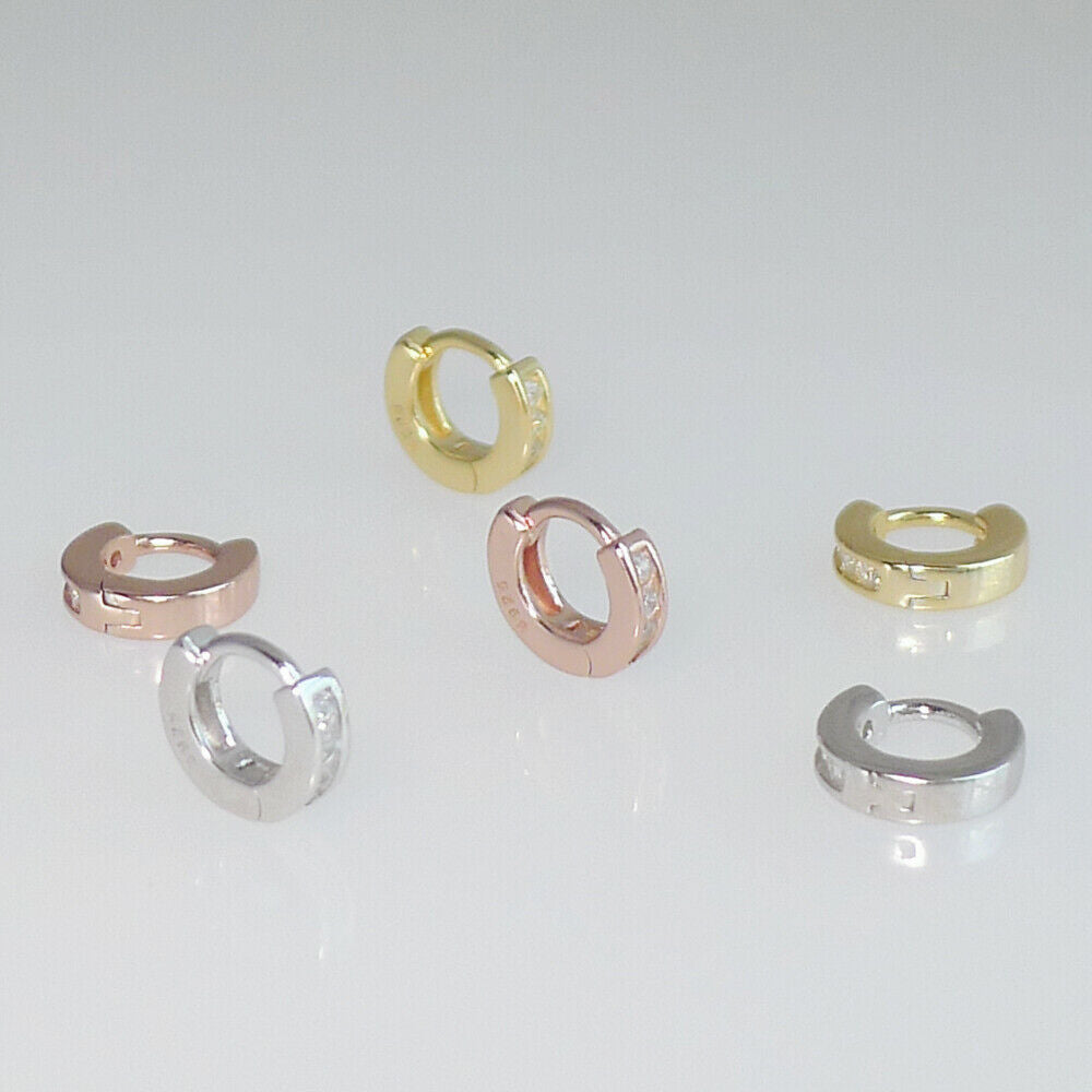18K Gold on Sterling Silver 5mm Hoop Huggie Channel CZ Cuff Eternity Earrings G1 - sugarkittenlondon