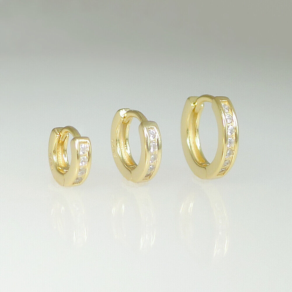 18K Gold on Sterling Silver 7mm Huggie Hoop Channel CZ Cuff Eternity Earrings G2 - sugarkittenlondon