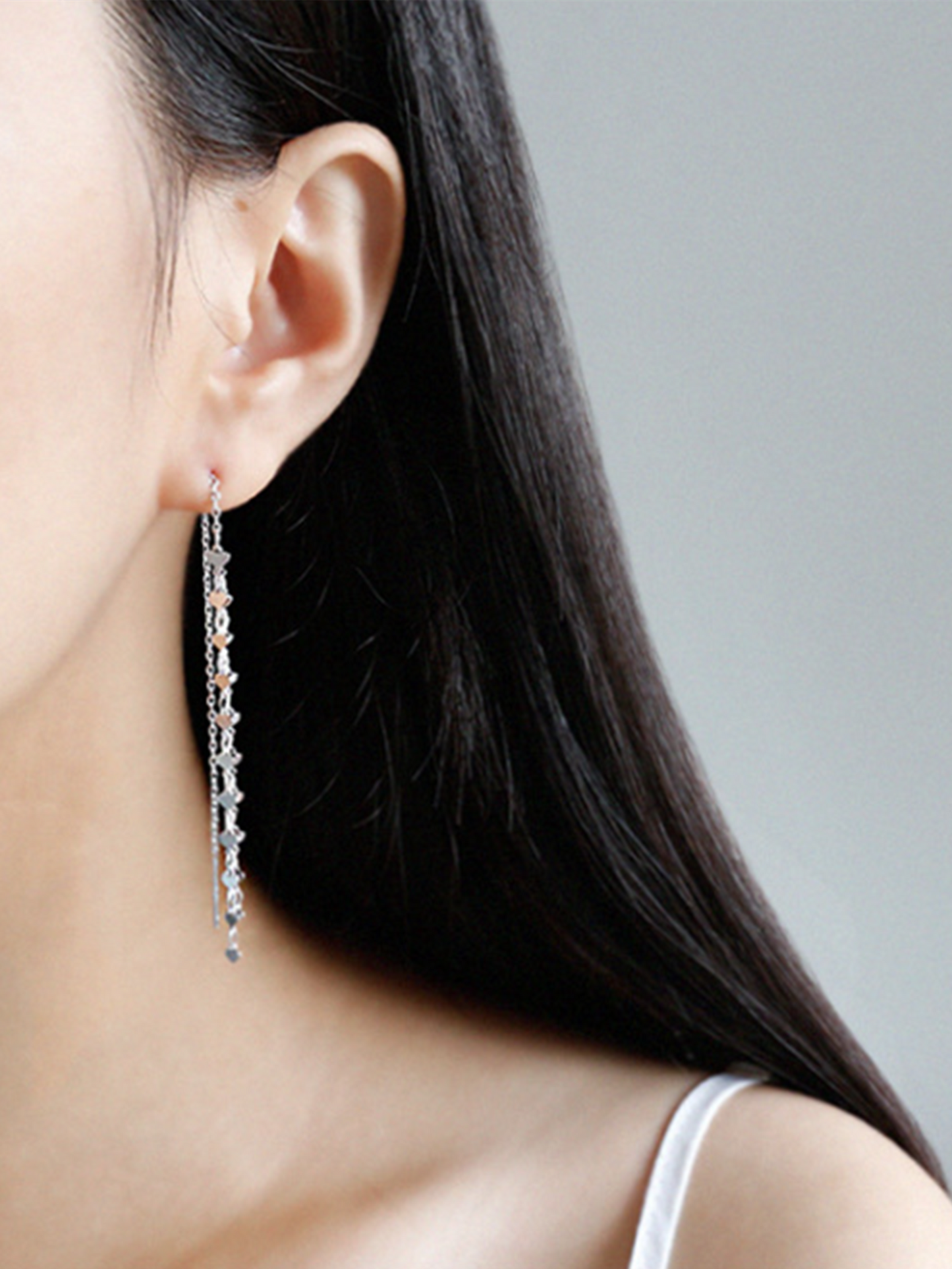 Sterling Silver Cascading Heart Long Pull Through Threader Earrings - sugarkittenlondon