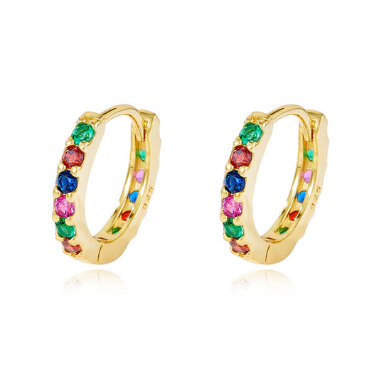Gold rainbow eternity hoop earrings with green, red, blue, and purple stones
