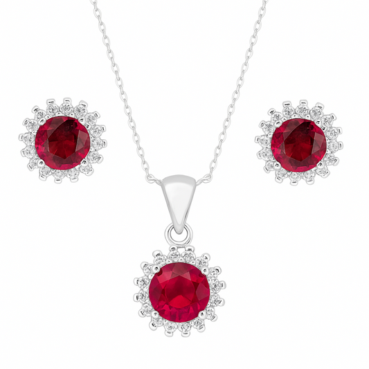 Sterling Silver Round Cluster Earrings Pendant 6mm Ruby-Coloured CZ Centre Stone