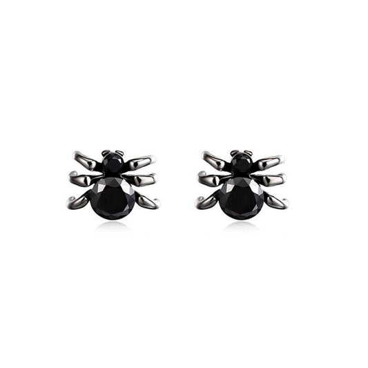 Sterling Silver Oxidized Black CZ Spider Gothic Halloween Stud Earrings