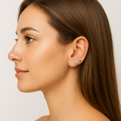 Sterling Silver CZ Celestial Stars Ear Pin Crawler Climber Earrings