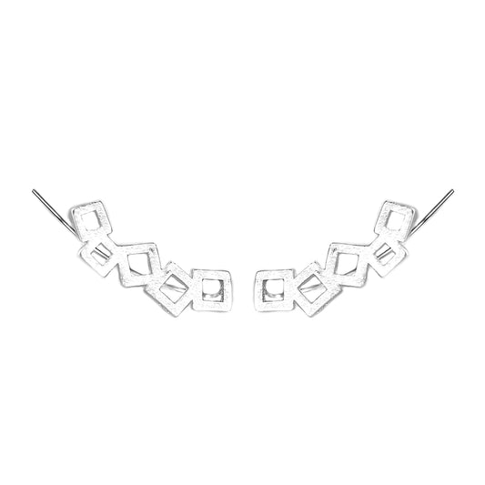 Sterling Silver Geometry Cube Square Curved Climber Crawler Earrings 2 Tones - sugarkittenlondon