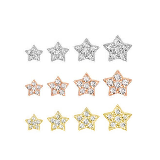 Sterling Silver Paved CZ Star Stud Earrings Rhodium Gold Rose Gold Tones 4 - 7mm