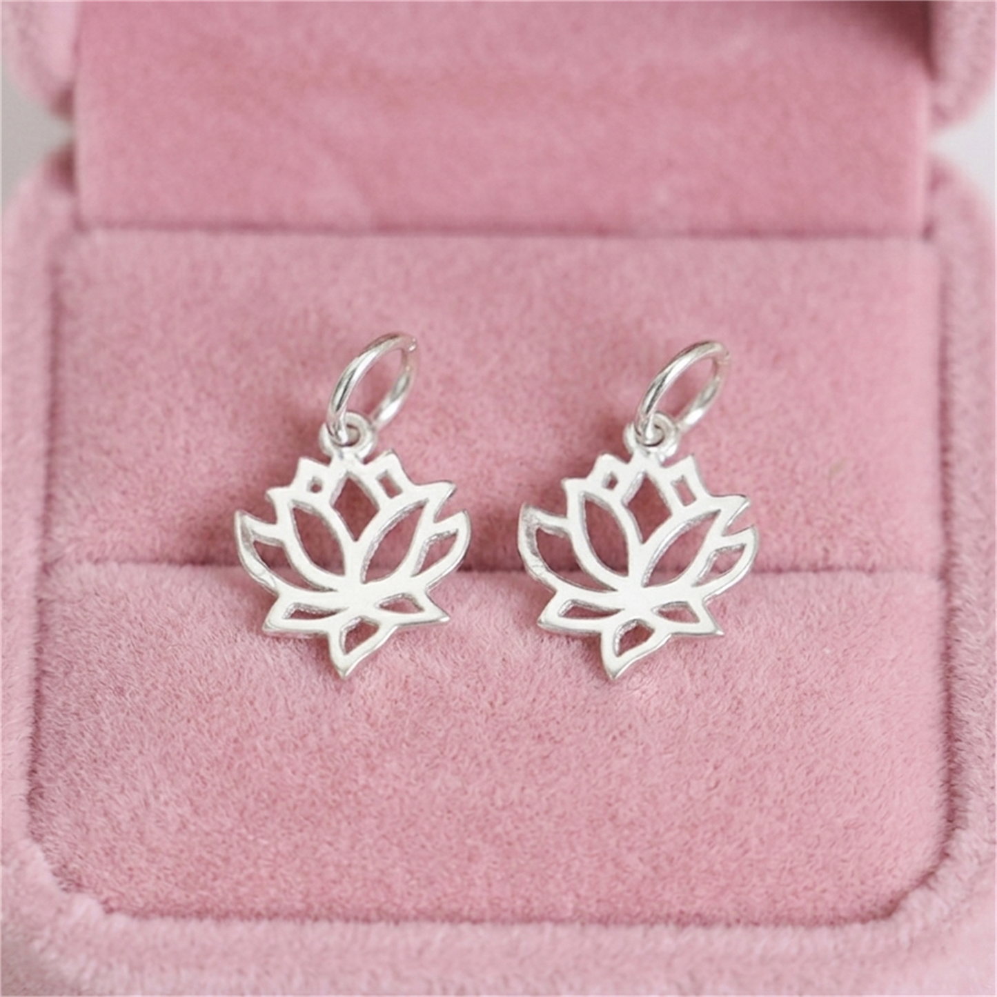 Silver filigree lotus charm earrings, two dangling lotus flower charms
