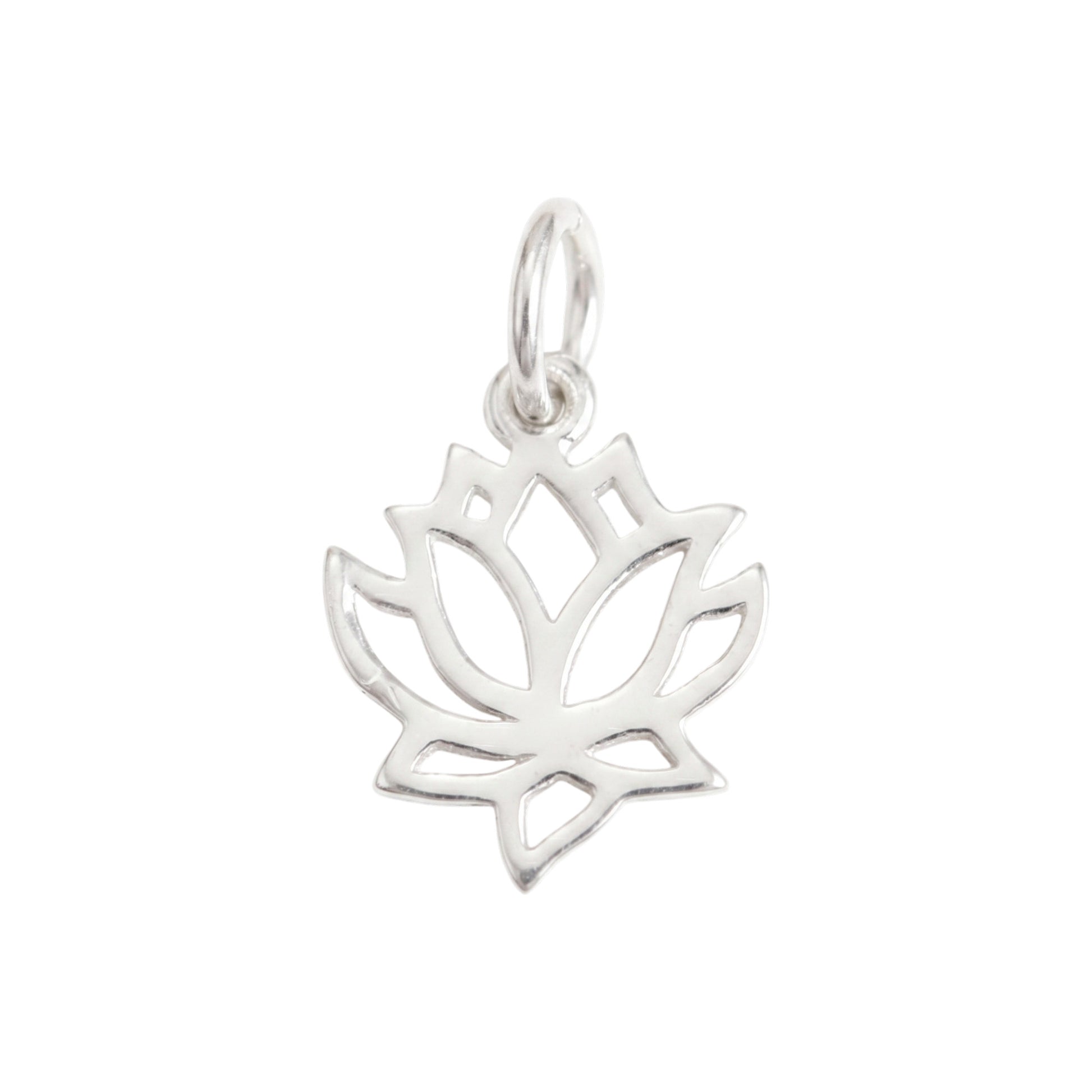 Silver lotus flower charm with openwork filigree and hanging loop