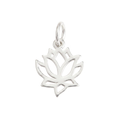 Silver lotus flower charm with openwork filigree and hanging loop