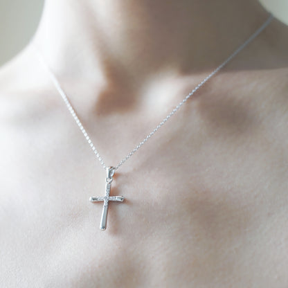 Sterling Silver CZ Crusted Cross Pendant Necklace with Chain