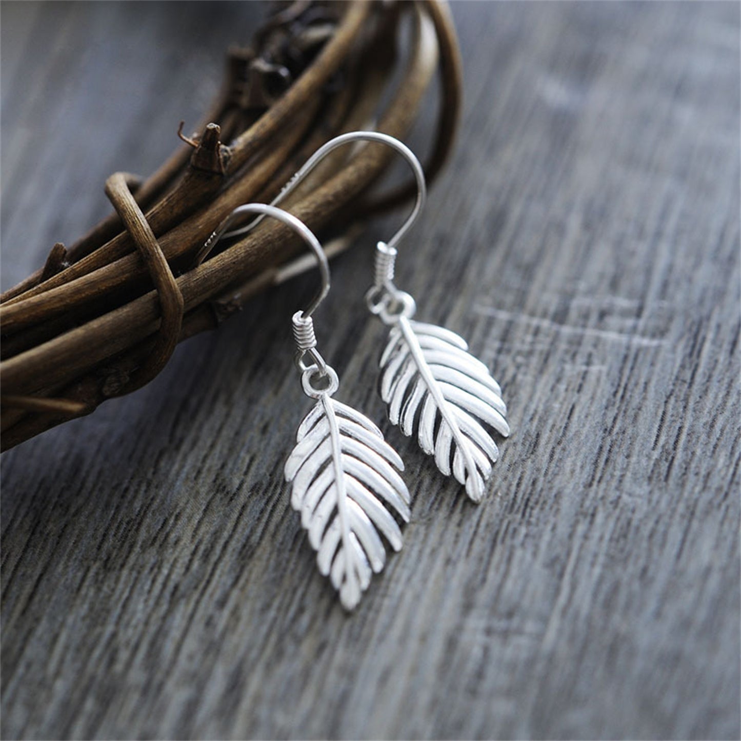 925 Sterling Silver Puffy Feather Leaf Dangle Hook Earrings