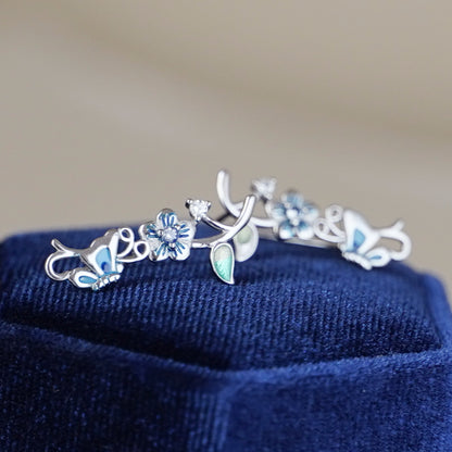 Stunning Sterling Silver Blue Enamel Butterfly Cuff Climber Crawler Earrings