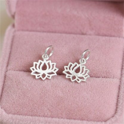 Silver filigree lotus charm earrings, two dangling lotus flower charms