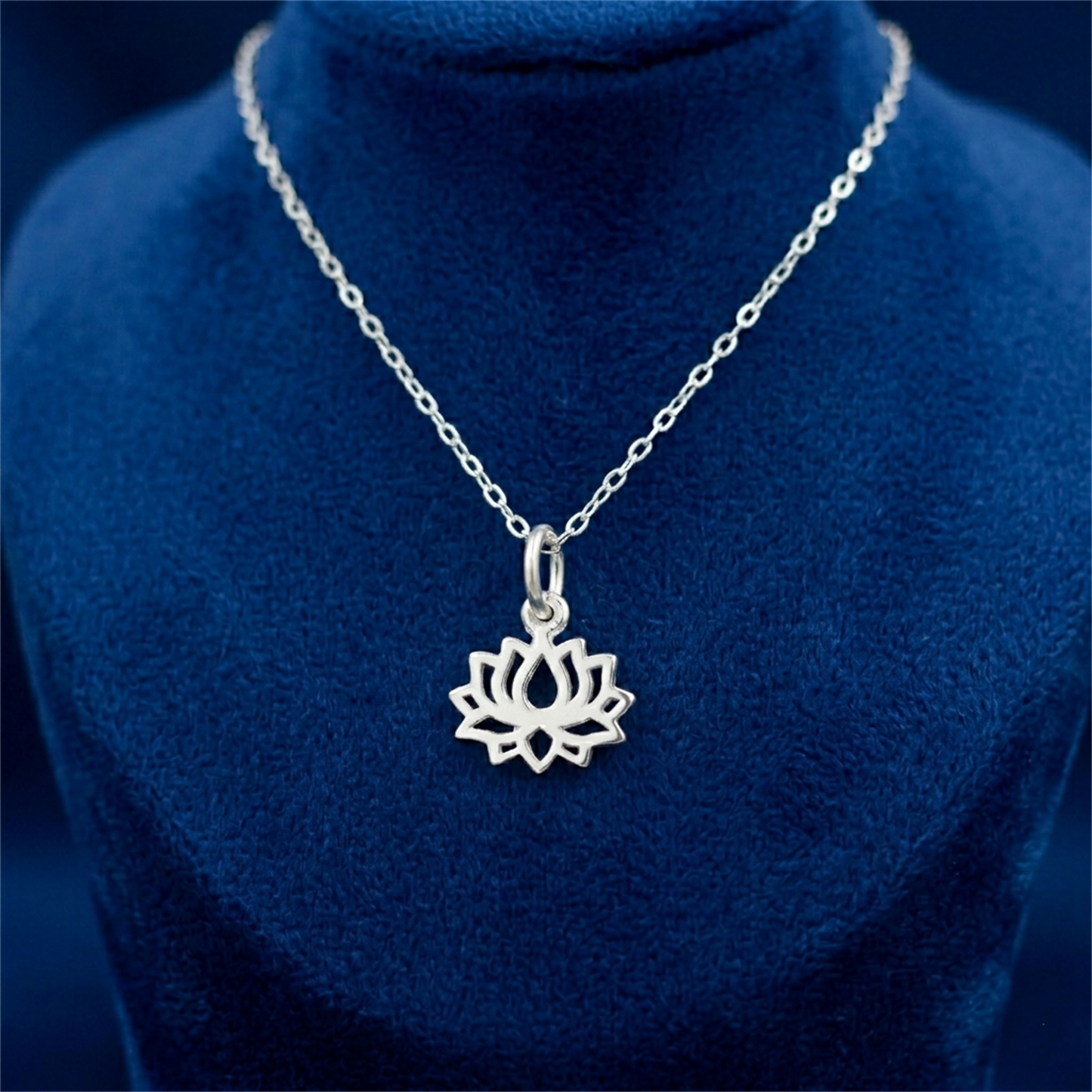 Silver chain necklace with filigree lotus charm pendant and round loop