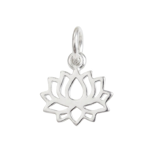 Filigree lotus charm pendant, silver-toned leaf medallion with hanging loop