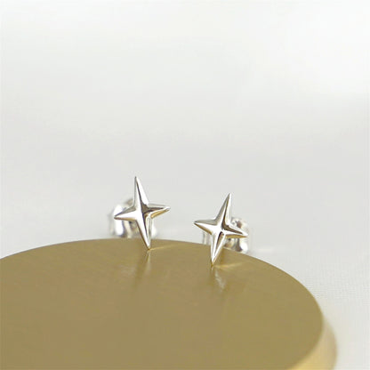 Sterling Silver 4 Pointed Star Cross Unisex Stud Earrings 2 Tones - sugarkittenlondon