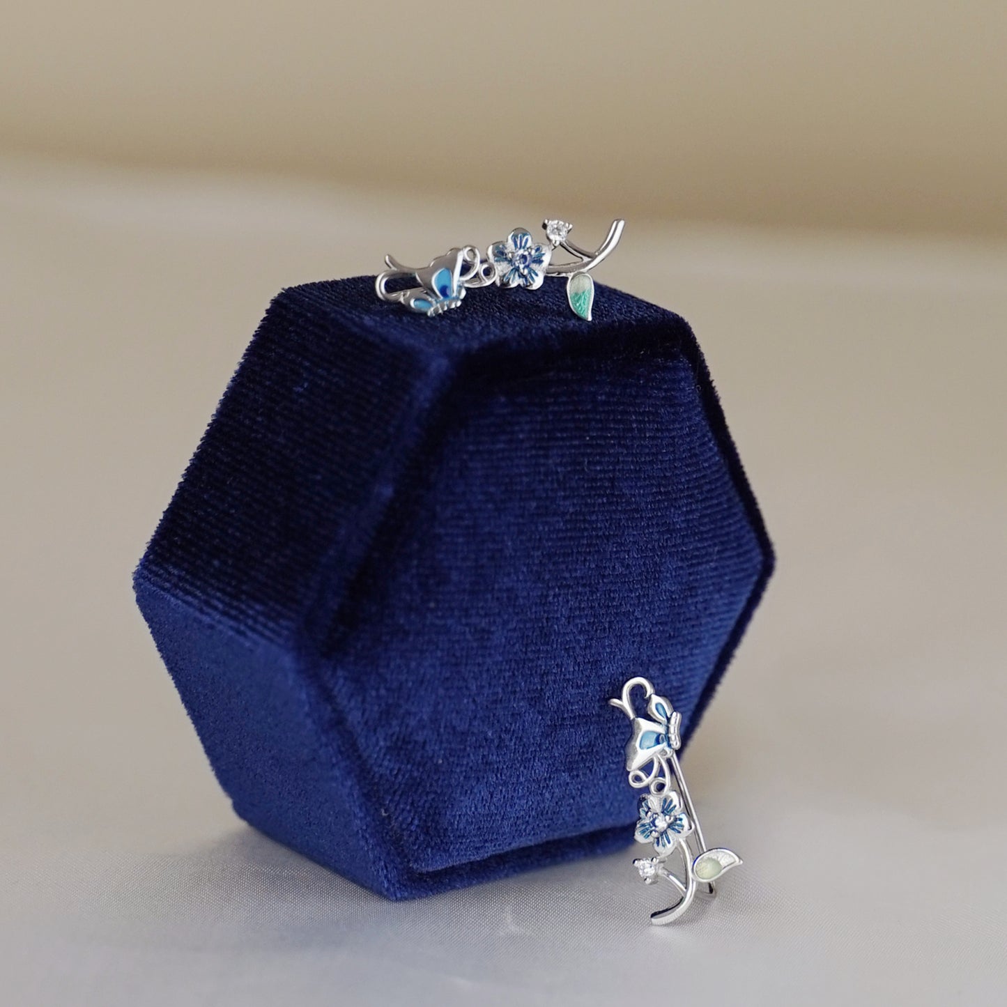 Stunning Sterling Silver Blue Enamel Butterfly Cuff Climber Crawler Earrings